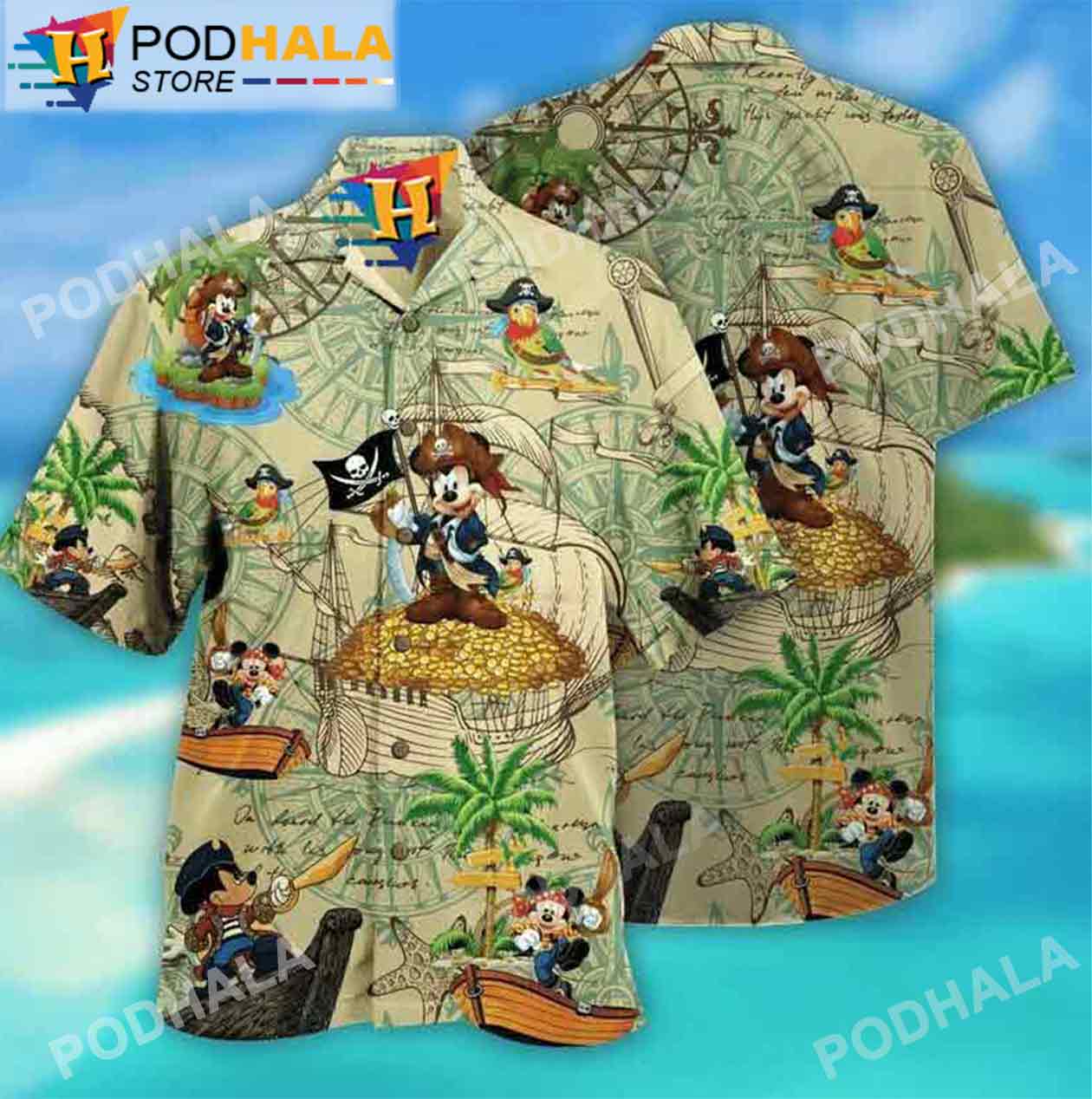Retro Pirated of the Caribbean Mickey and Friends 3D Hawaiian Shirts Gift  For Men And Women - Banantees