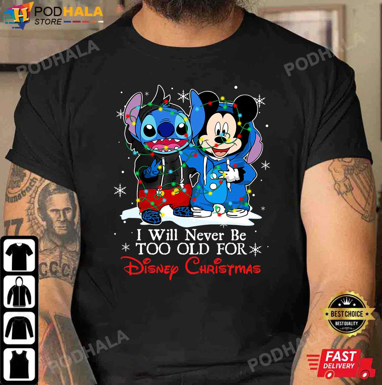 I Will Never Be Too Old For Disney Christmas, Stitch and Mickey Christmas Shirt, 