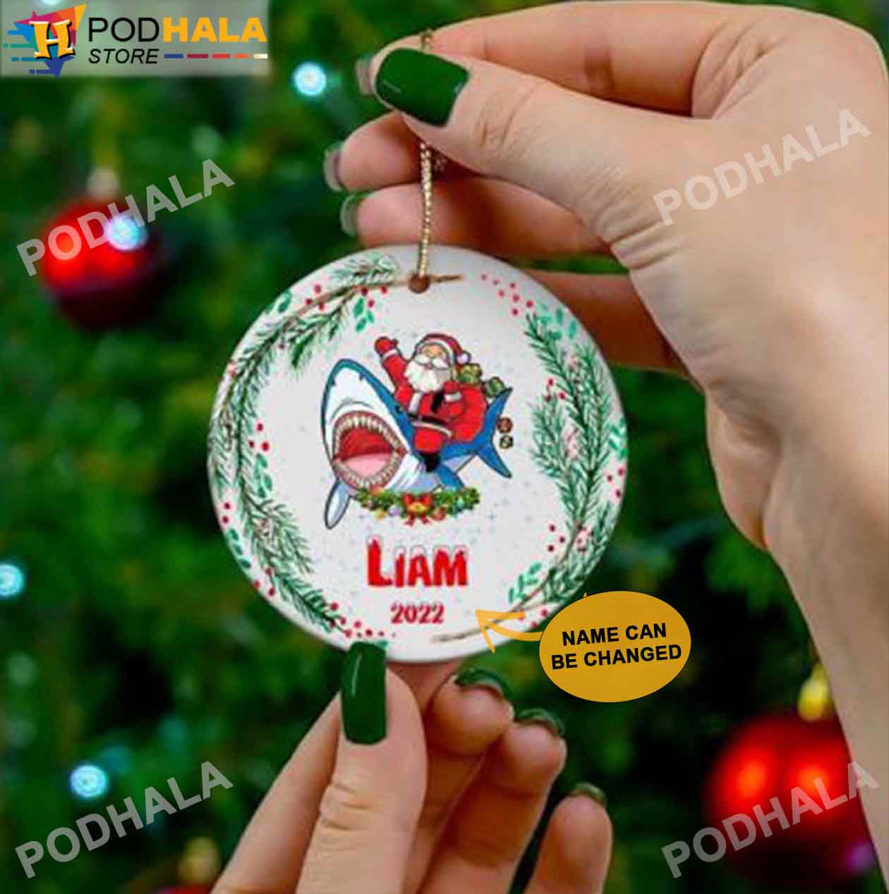 Santa Riding Baby Shark Christmas Ornament, Family Name Ornaments