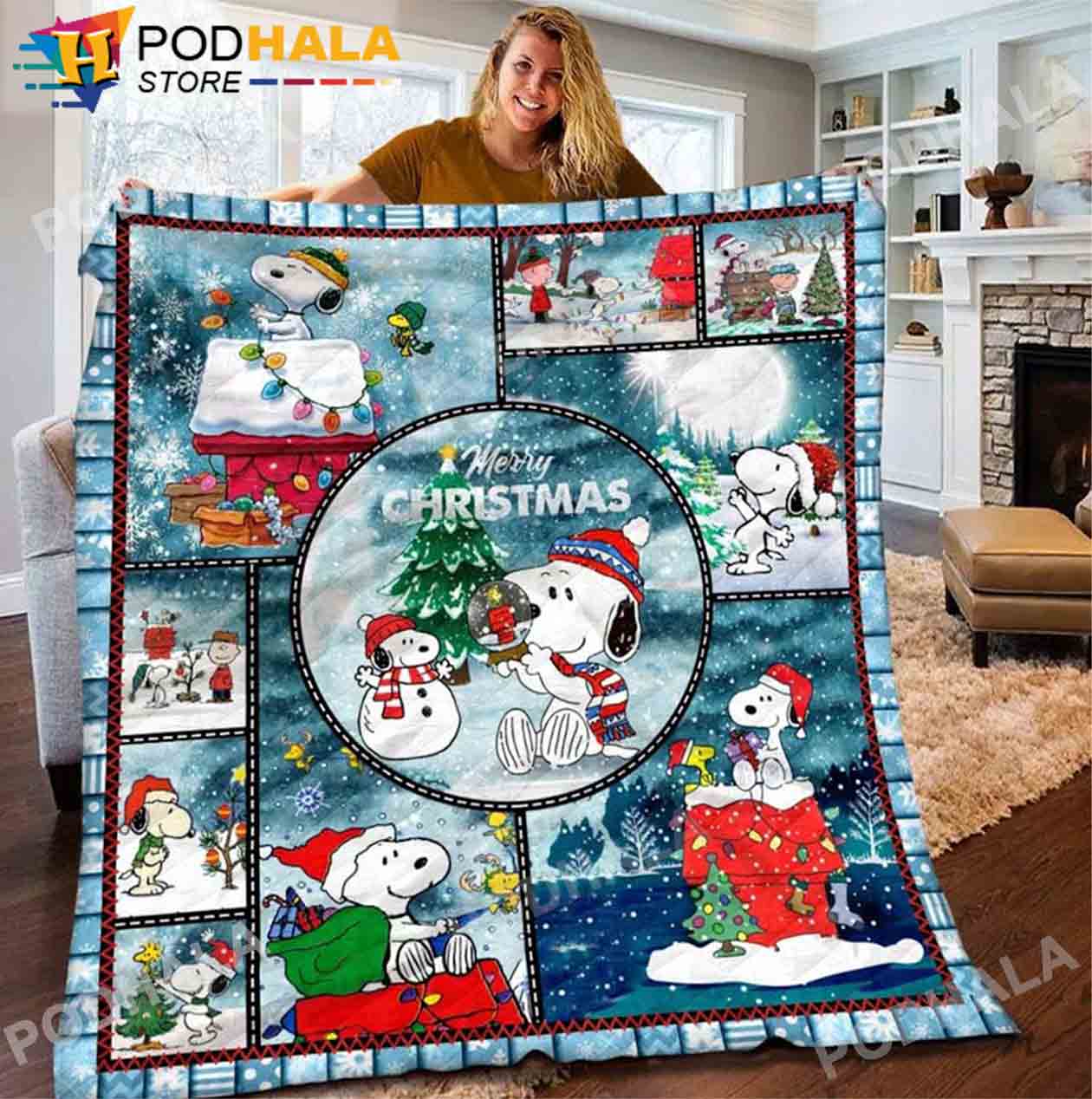 Snoopy Christmas Blanket, Merry Christmas Snoopy And Snowman Blanket