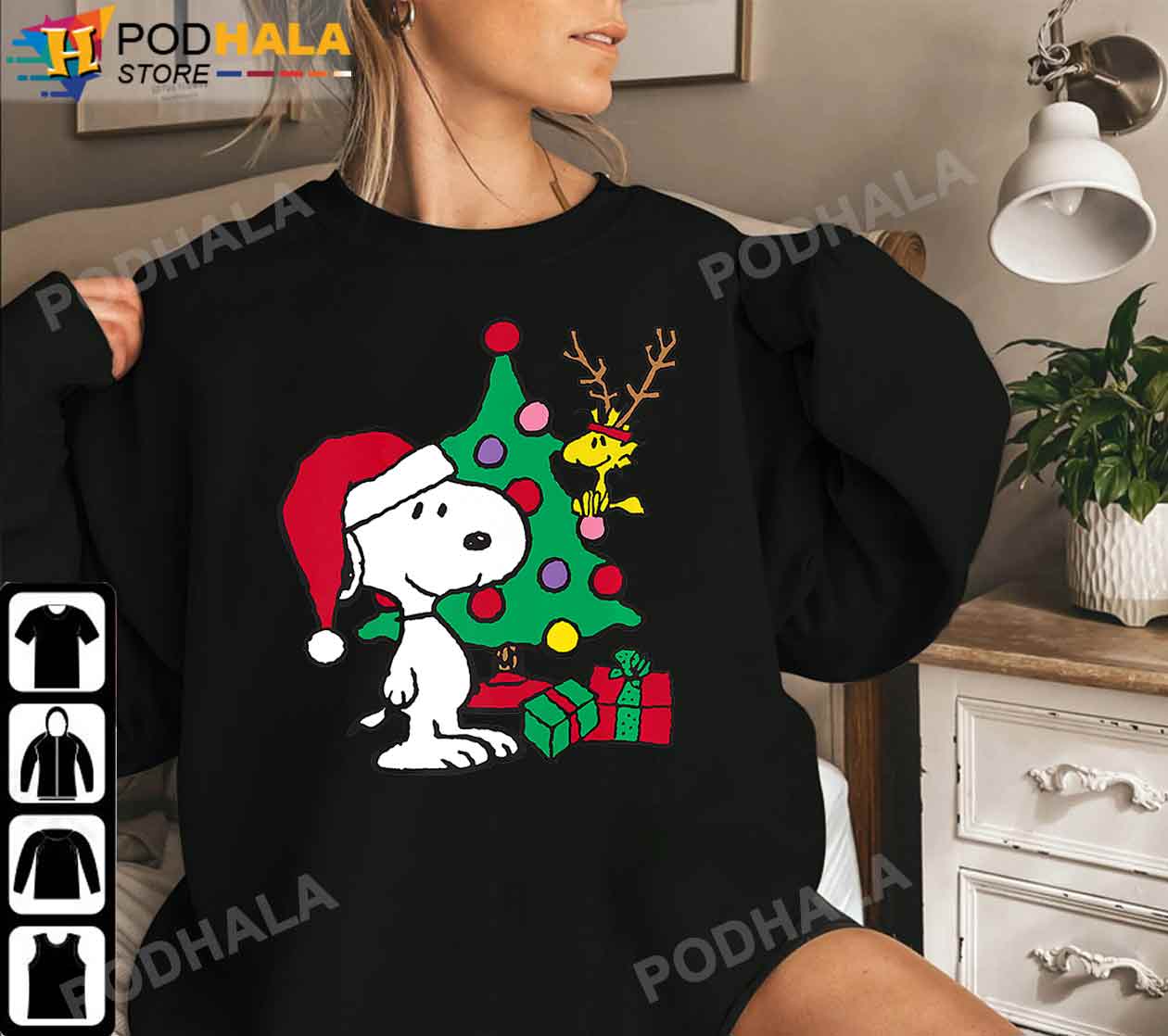Snoopy Christmas T Shirt, Snoopy Woodstock Antlers Santa Claus Xmas Tree T-Shirt