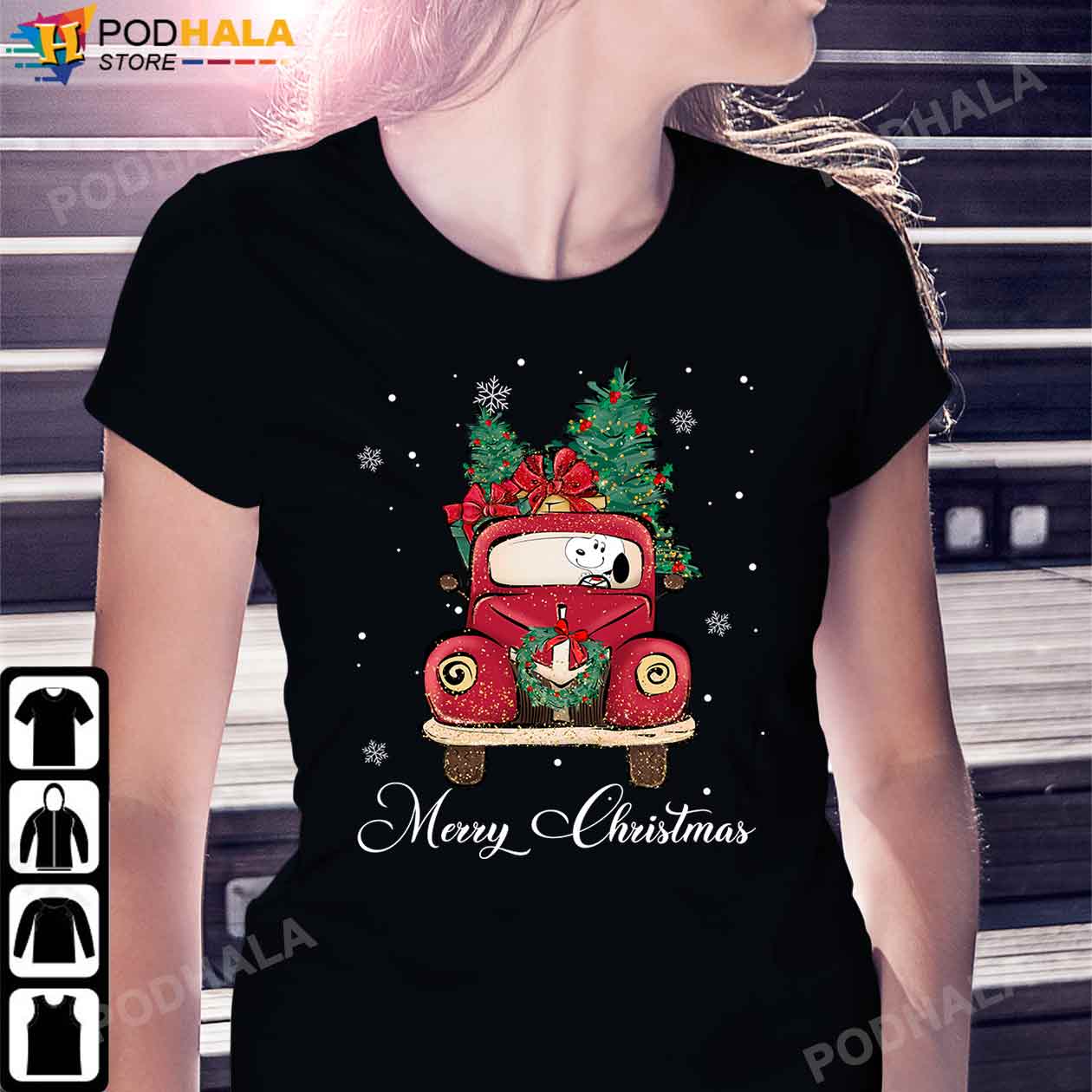 Snoopy Riding Red Truck Christmas Tree Xmas Gift Funny Christmas T-shirt