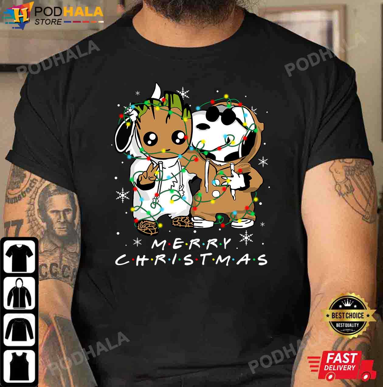 Snoopy and Baby Groot Merry Christmas Light, Snoopy Christmas Shirt